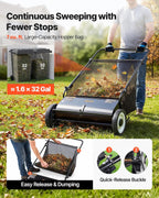 VEVOR Push Lawn Sweeper 26 Inch Leaf & Grass Collector 7 cu. ft. Hopper Bag