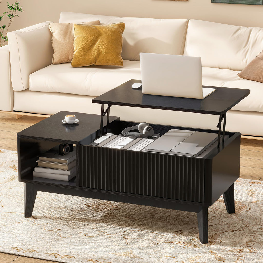 LYNCOHOME Fluted Lift Top Coffee Table with Storage, Modern Coffee Table for Living Room, Home Office(Natural)