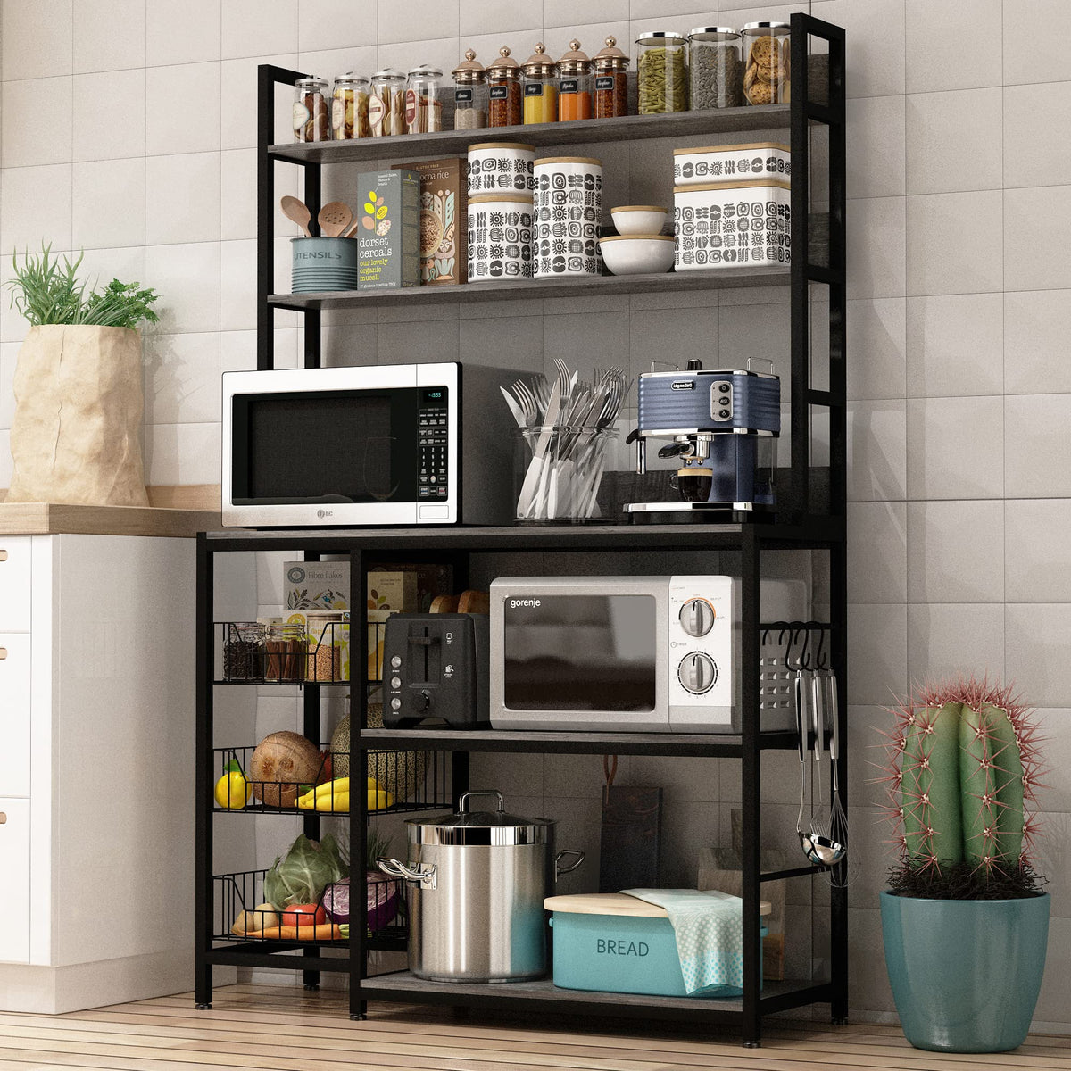 Bakers Rack with Baskets and Power Outlet, 5-Tier Kitchen Utility Storage Shelf with Hooks, Microwave Oven Stand Rack, Vintage Brown Free Standing Kitchen Shelf