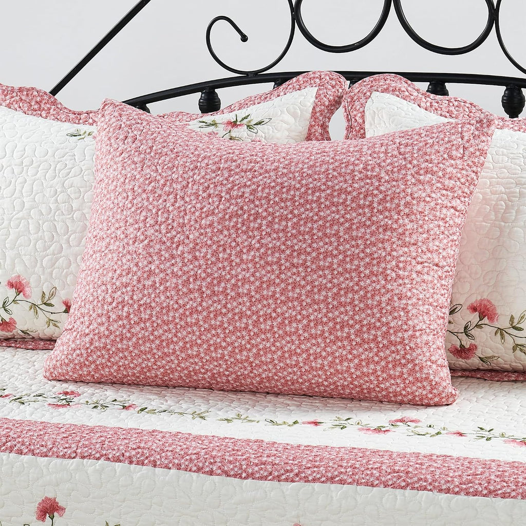 5-Piece Quilted Microfiber Daybed Cover Set with Floral Embroidery, All Season Luxurious Bedding with Matching Shams and Bed Skirt, 75"x39", Pink Flower