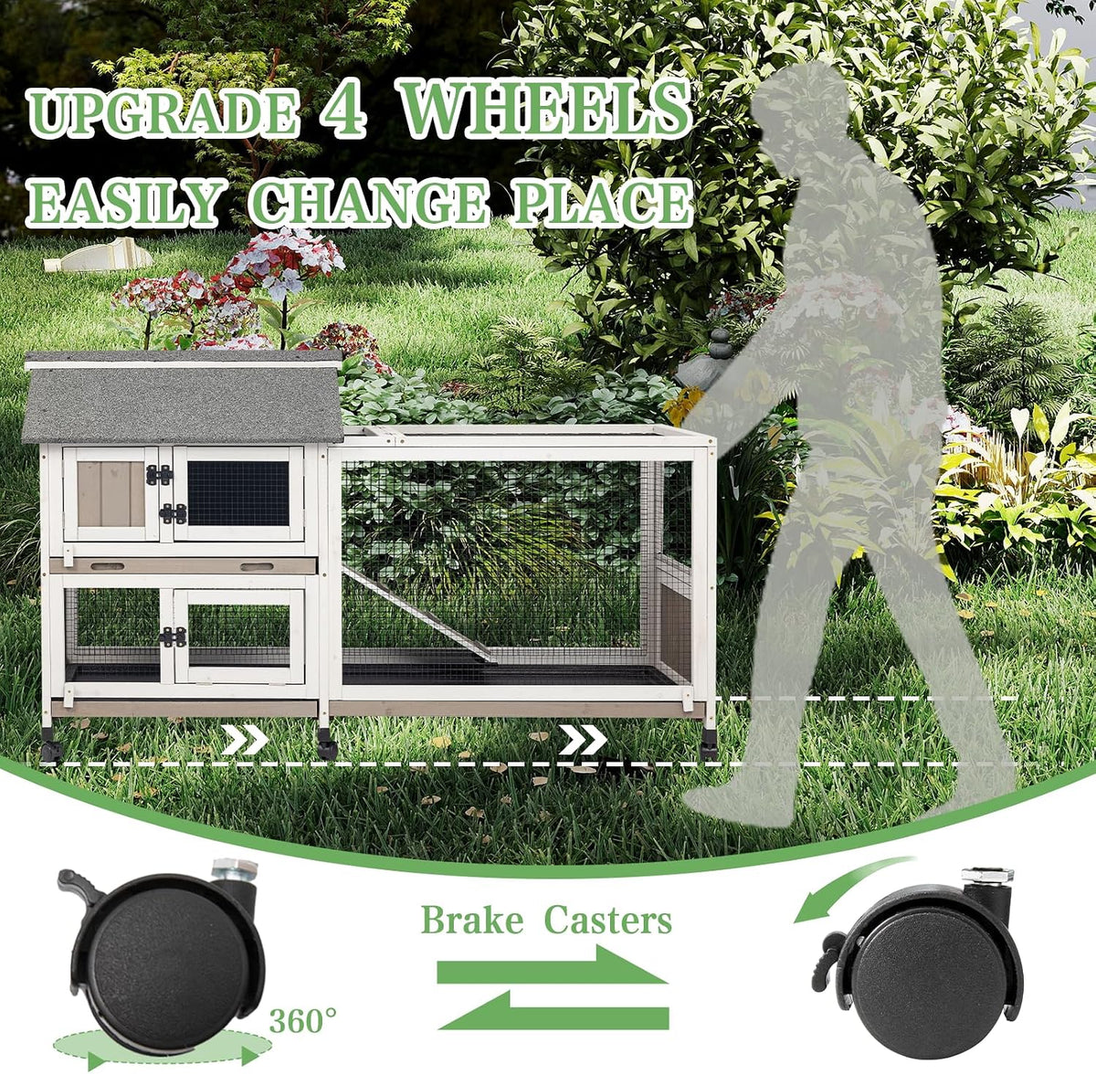 2-Story Rabbit Hutch Indoor & Outdoor, Large Bunny Hutch with 3 Pull-Out Trays, 6 Lockable Wheels, Wooden Rabbit Cage with Asphalt Roof & 6 Accesses for 2-4 Rabbits, Backyard, Home, Patio