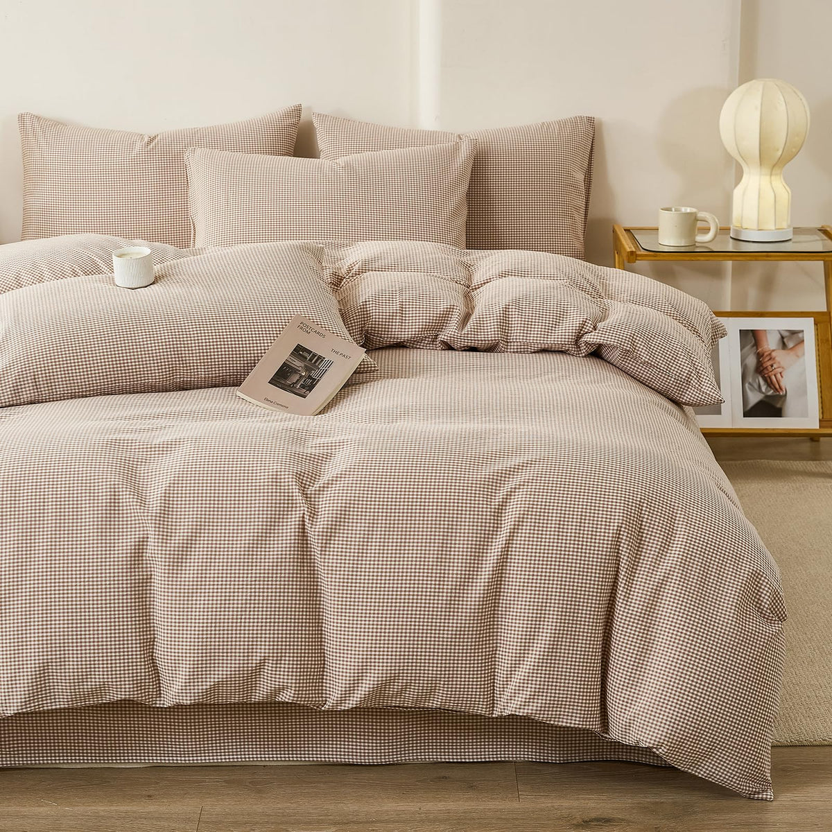 Plaid Duvet Cover Set Washed Cotton,Queen(90"x90"),Multicolor Gingham