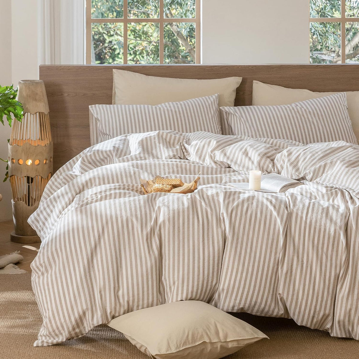MooMee Striped Duvet Cover Set 100% Washed Cotton Linen Like Queen