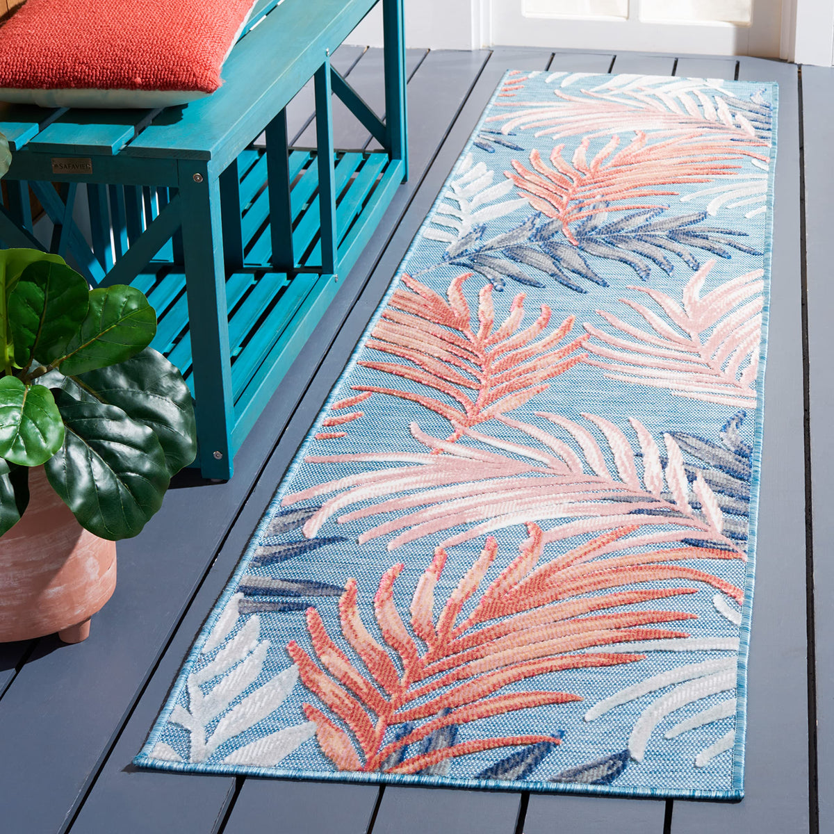 SAFAVIEH Washable Rug Outdoor Cabana Collection - 8' x 10', Blue & Rust, Non-Shedding & Easy to Clean, Ideal for Patio, Backyard, Mudroom (CBN458M)