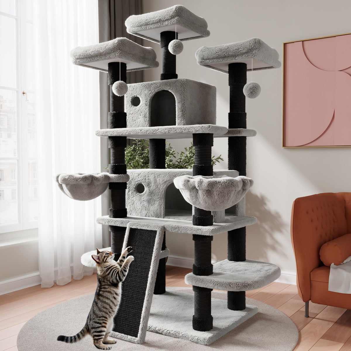 SHA CERLIN 68 Inches Multi-Level Large Cat Tree for Large Kitties/Big Cat Tower with Condo/Cozy Plush ‌Pussycat Perches/Sisal Scratching Posts and Hammocks/Activity Center/Leopard Print