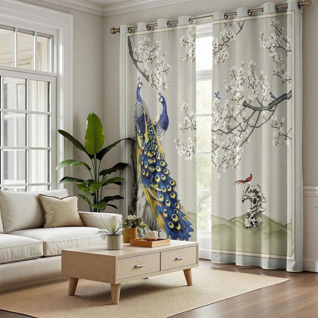 Peacock Curtains 96 Inches Long, Oriental Floral Animal Blackout Curtain