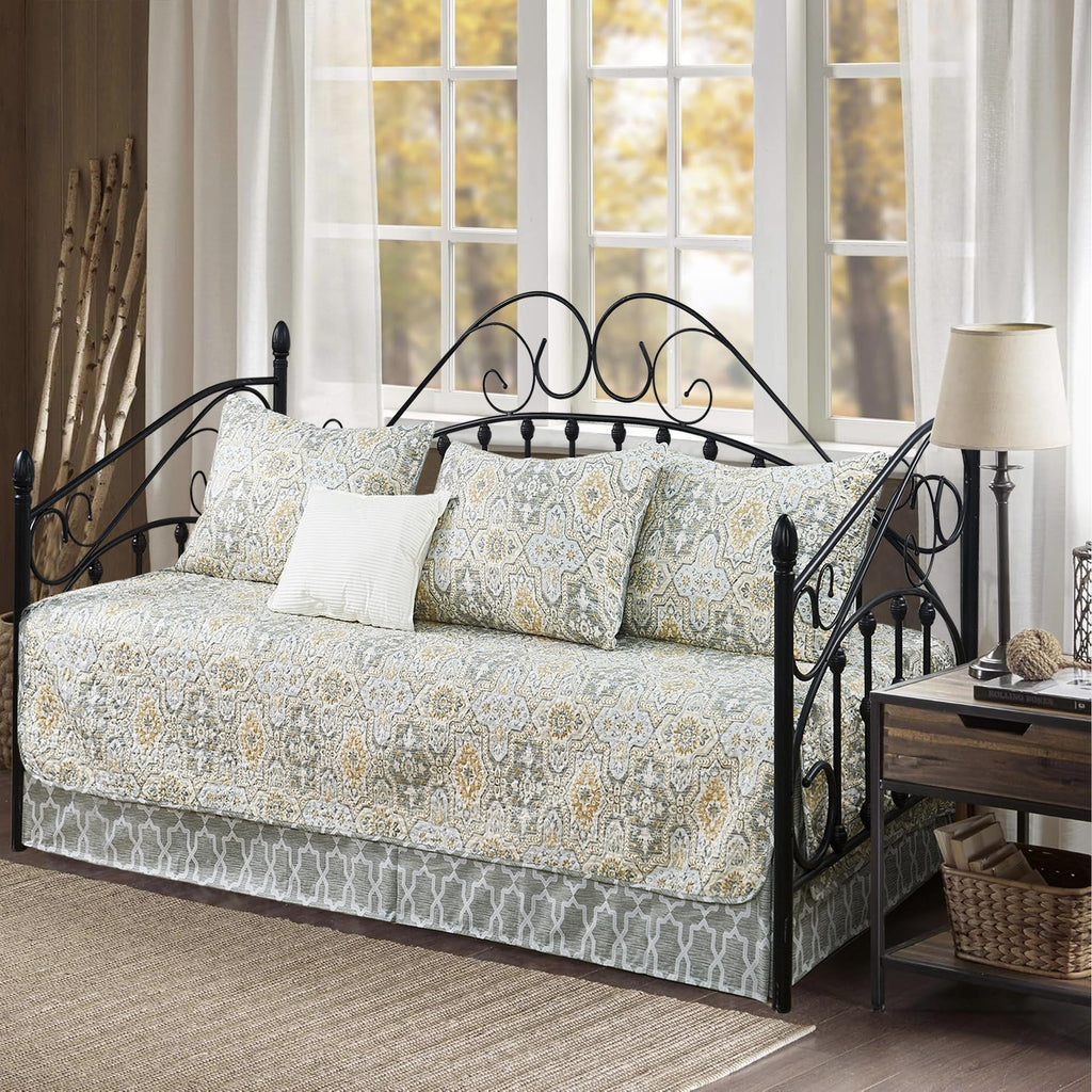 5-Piece Quilted Microfiber Daybed Cover Set with Floral Embroidery, All Season Luxurious Bedding with Matching Shams and Bed Skirt, 75"x39", Pink Flower