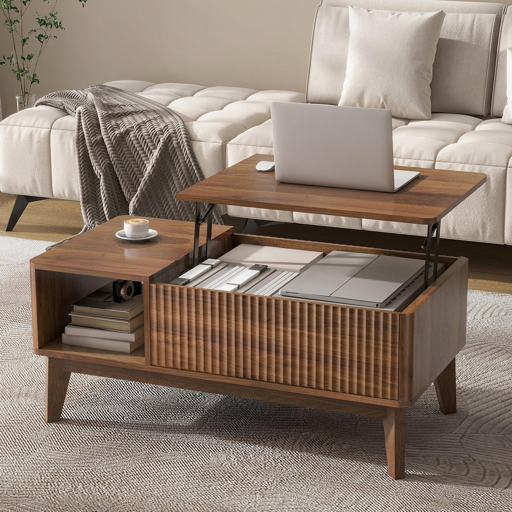 LYNCOHOME Fluted Lift Top Coffee Table with Storage, Modern Coffee Table for Living Room, Home Office(Natural)