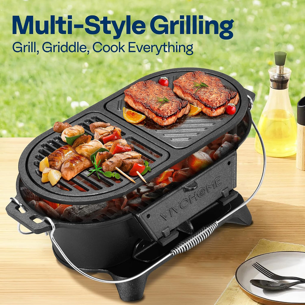 VIVOHOME Oval Cast Iron Grill with Interchangeable Grates & Griddle