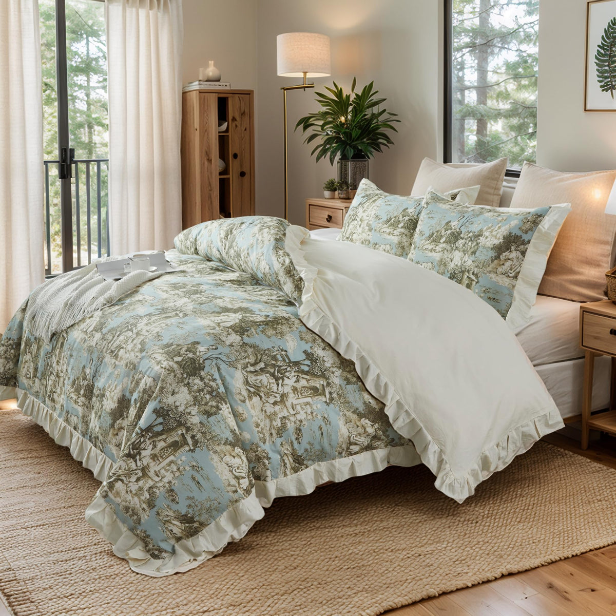 Brandream French Country Toile Queen Duvet Cover Set for Girl Women Bedroom Vintage Pink Toile Floral Print 100% Cotton Duvet Quilt Comforter Cover Pillow Shams Set with Delicate Ruffle Fringe