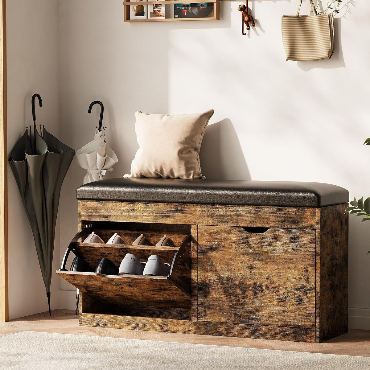 40" Shoe Storage Bench with 2 Flip Drawers & Padded Seat Cushion, Shoe Cabinet with Lift Top Storage Box, Shoe Bench Shoe Organizer for Entryway, Hallway, Living Room, Vintage Brown
