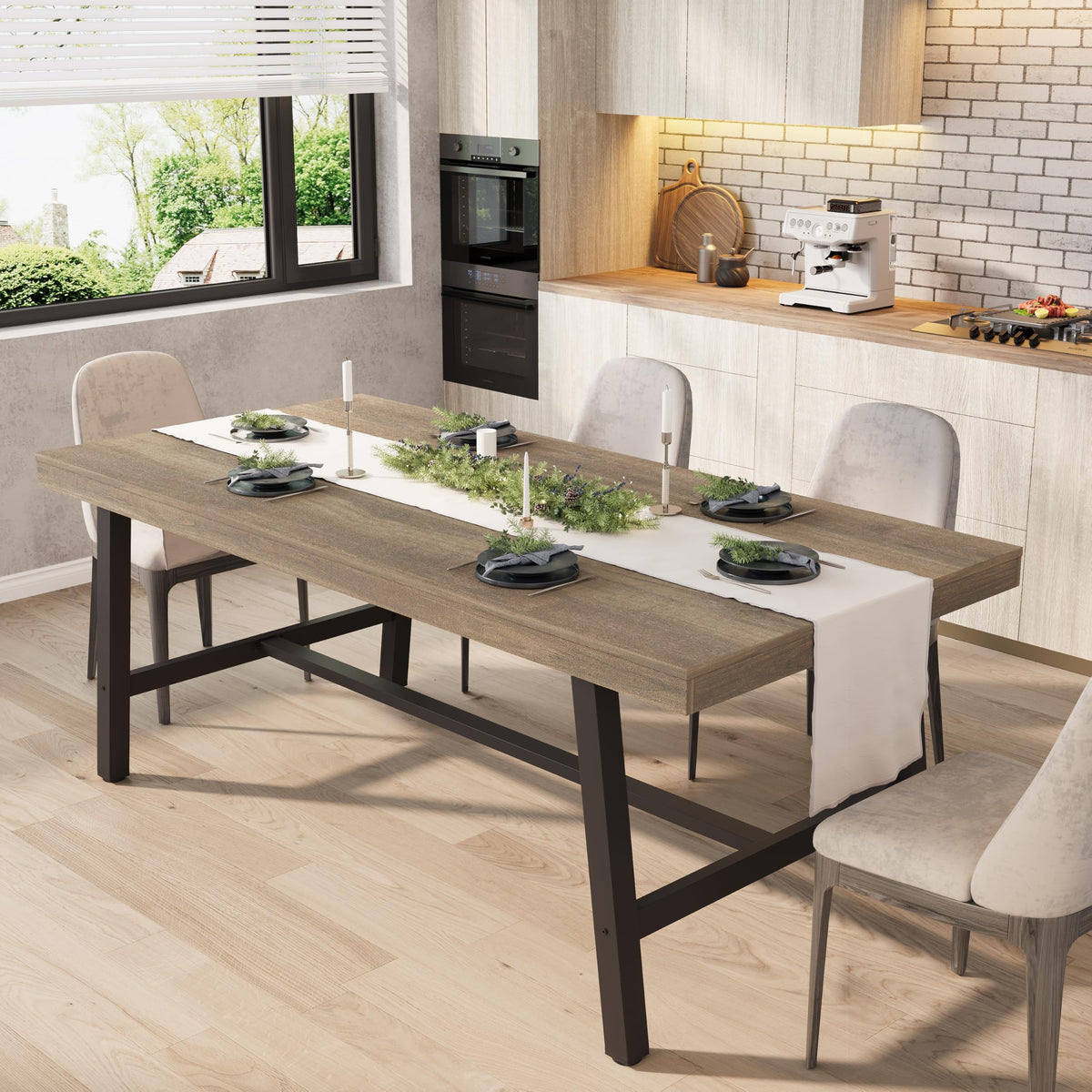 GarveeHome Industrial Dining Table for 6-8 People, 70.87" Long Large Kitchen Table with Sturdy Metal Frame, Rectangular Counter for Dinner, Kitchen, Dining Room (Grey, 71" Non-extendable)