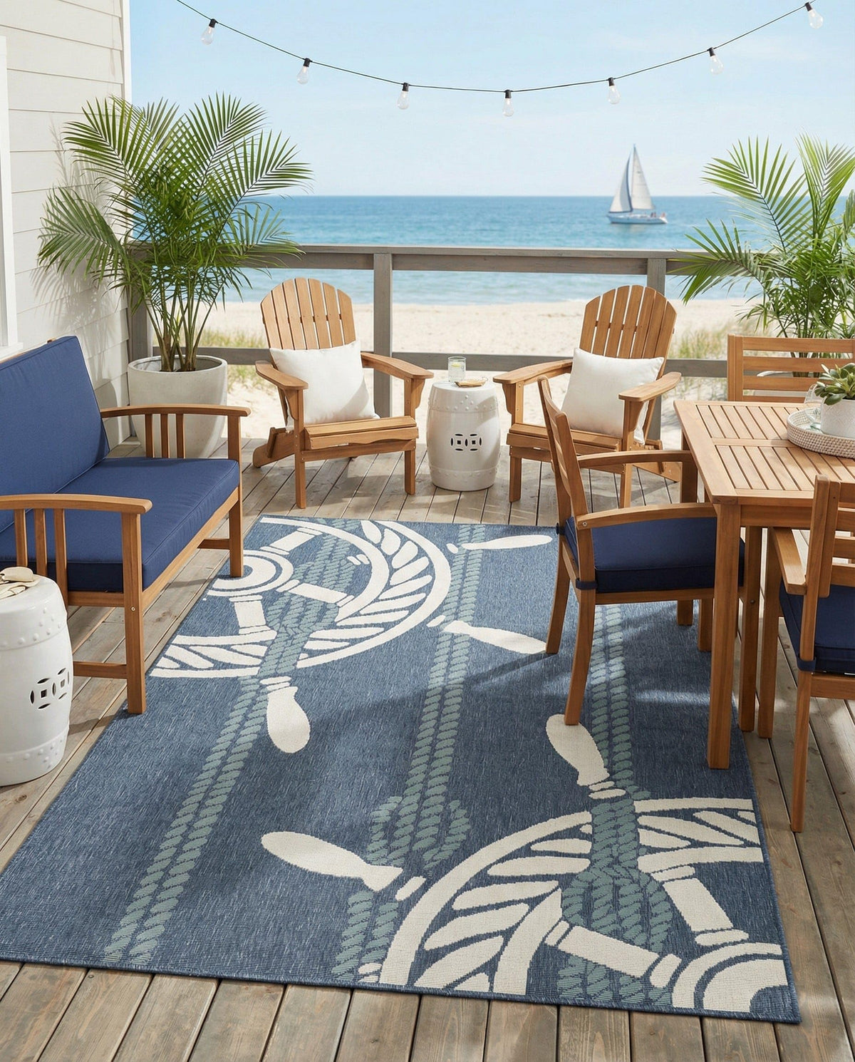 Rugs.com - Outdoor Coastal Rug – 5' 3 x 8' Navy Blue Washable Indoor/Outdoor Rug – Nautical Ship Wheel Design for Patios, Decks, and Porches