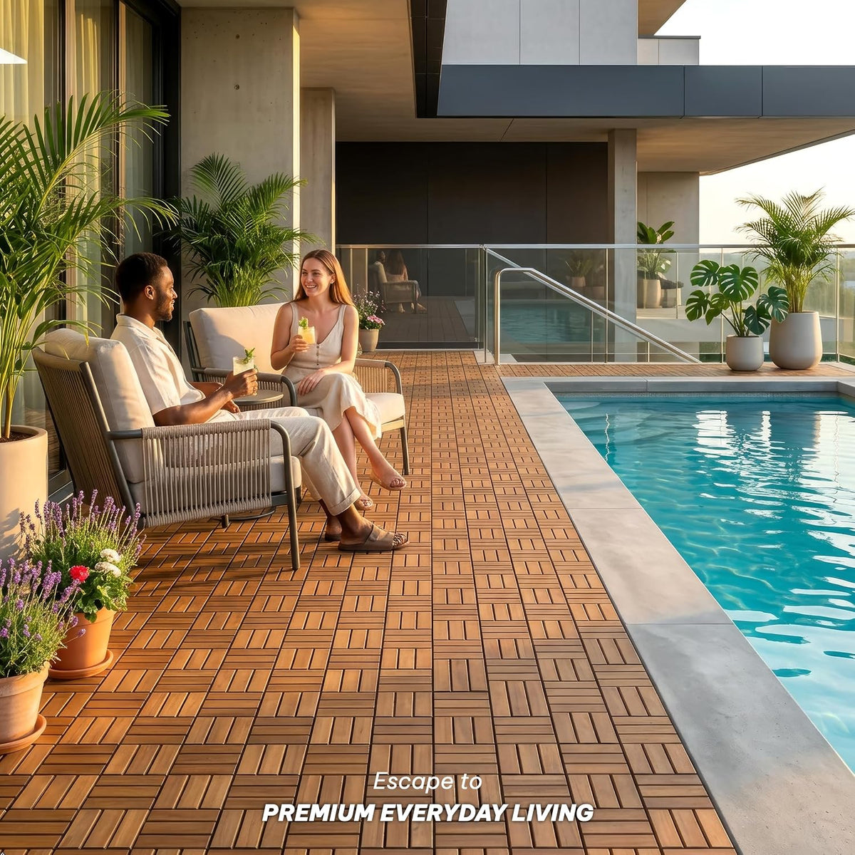 VICTORY RELAX Natural Acacia 12x12 Interlocking Wood Deck Tiles for Balcony, Garden, Patio, Poolside Decor - Waterproof Indoor & Outdoor Flooring - 12 Slats, Round Joints, Pack of 27, Natural Color