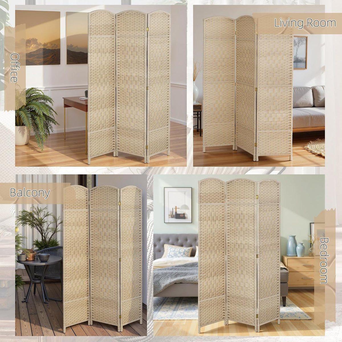 HOMCOM 3 Panel Room Divider 6 Ft Privacy Screen Hand-Woven Washed Oak