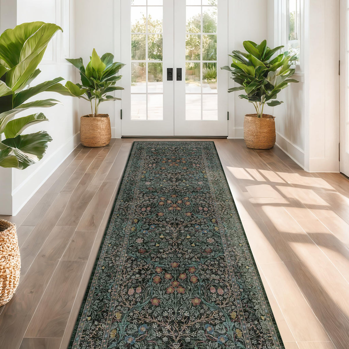 Floral Dark Green Washable Area Rugs 8x10, Vintage Living Room Rug