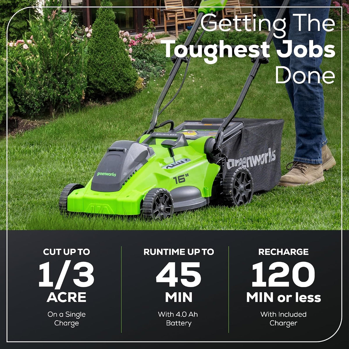 Greenworks 40V 16in Push Lawn Mower, 4.0 Ah Battery and Charger