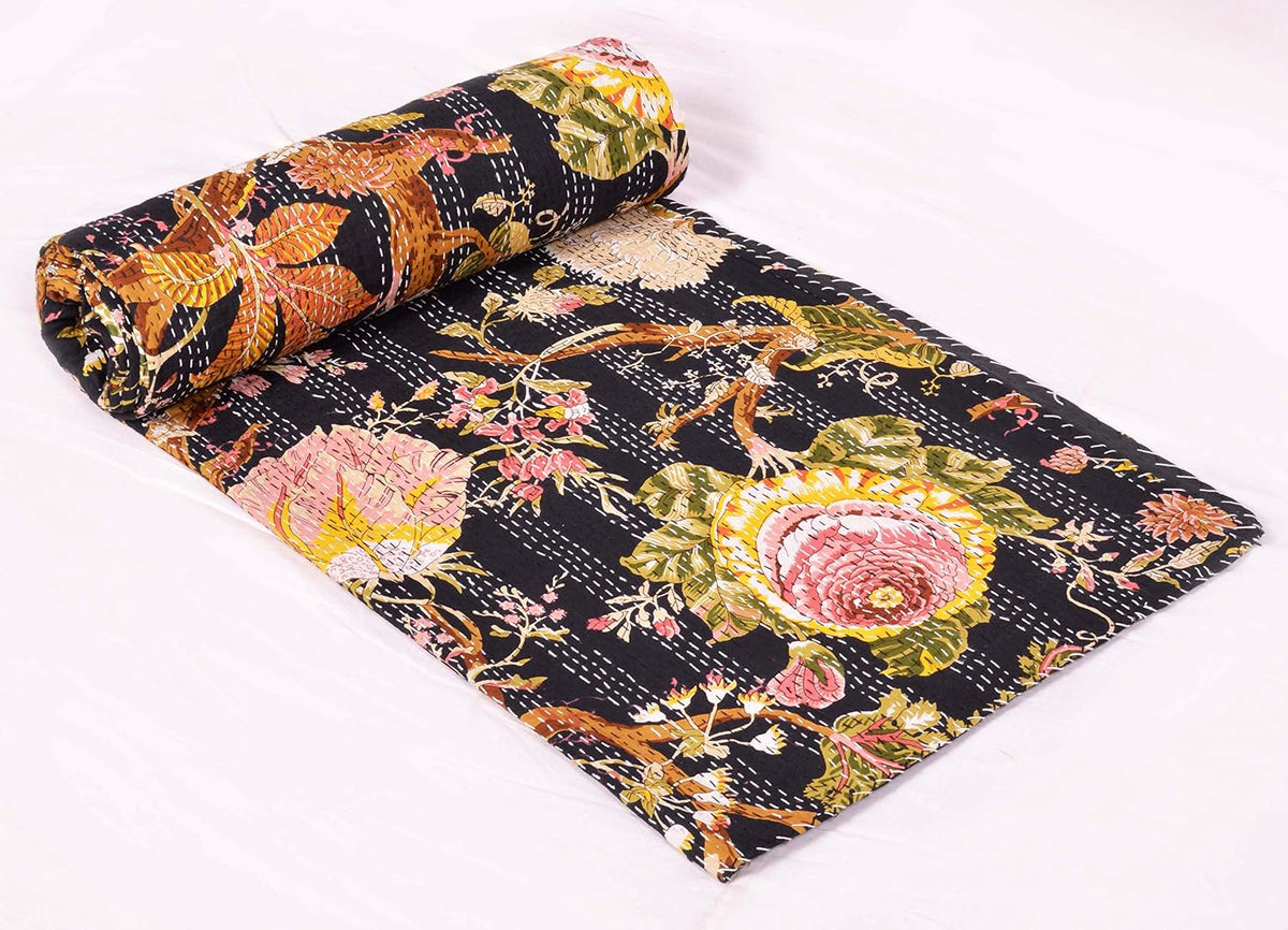 Indian Floral Print TwinQueen/King Size Kantha Quilt Kantha Blanket Bed Cover Kantha Bedspread Bohemian Bedding Kantha Blanket (Black, King (U.S. Standard))