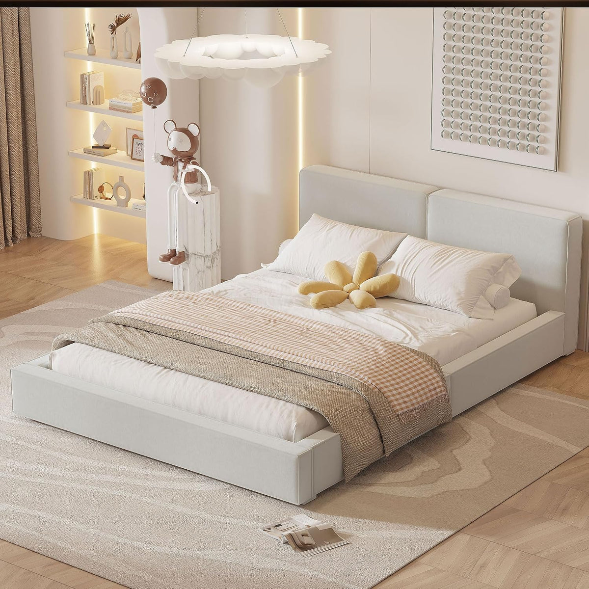 Grounded Bed Upholstered Platform Bed with Unique Design Thick Fabric Headboard, Wood Platform Bed Frame for Kids Adults Bedroom Furniture, Upholstered Floor Bed (Beige-11, Queen)