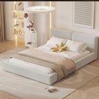 Grounded Bed Upholstered Platform Bed with Unique Design Thick Fabric Headboard, Wood Platform Bed Frame for Kids Adults Bedroom Furniture, Upholstered Floor Bed (Beige-1, King)