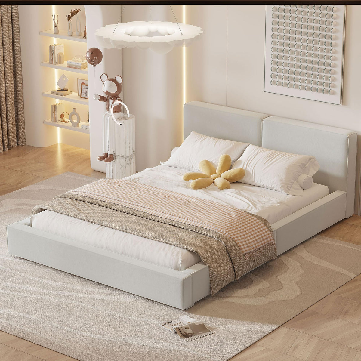Grounded Bed Upholstered Platform Bed with Unique Design Thick Fabric Headboard, Wood Platform Bed Frame for Kids Adults Bedroom Furniture, Upholstered Floor Bed (Beige-1, King)