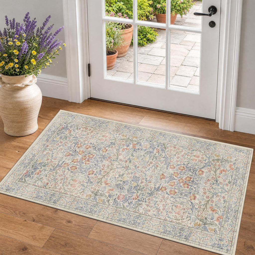 Floral Dark Green Washable Area Rugs 8x10, Vintage Living Room Rug