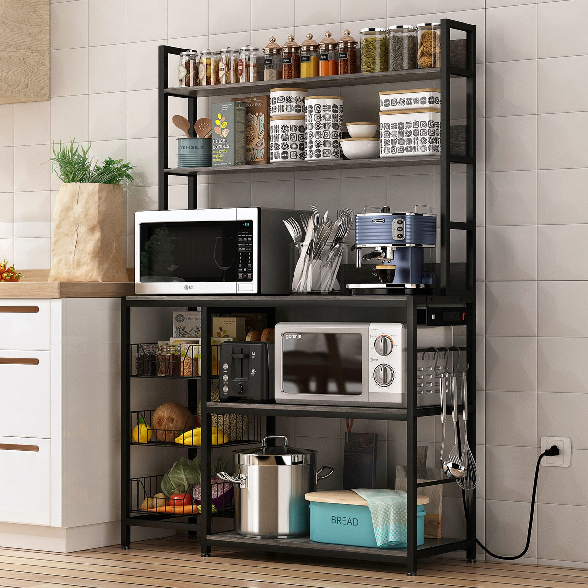 Bakers Rack with Baskets and Power Outlet, 5-Tier Kitchen Utility Storage Shelf with Hooks, Microwave Oven Stand Rack, Vintage Brown Free Standing Kitchen Shelf