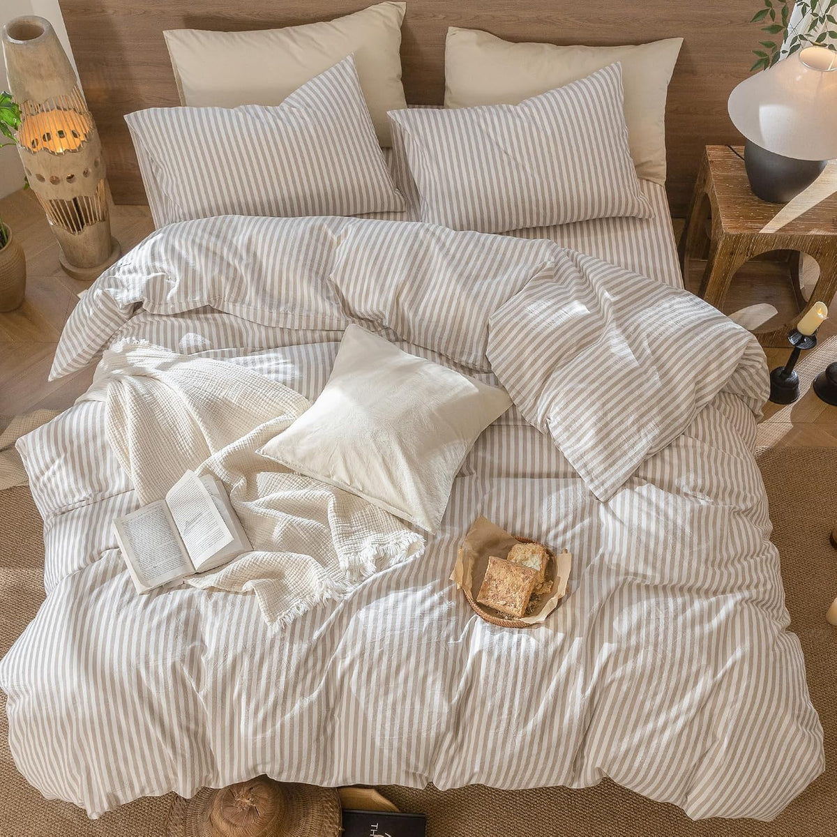 MooMee Striped Duvet Cover Set 100% Washed Cotton Linen Like Queen