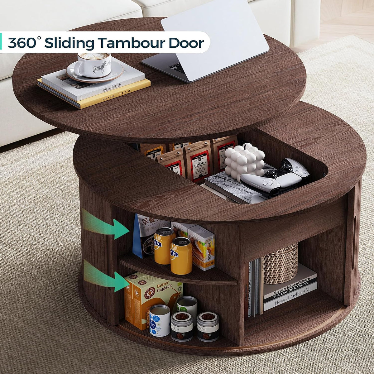 LINSY Lift Top Coffee Table, Round Fluted Coffee Table with Storage, Mid Century Modern Wooden Coffee Tables with Sliding Tambour Door, 31.5" Center Table for Living Room, Office, Small Space, Walnut