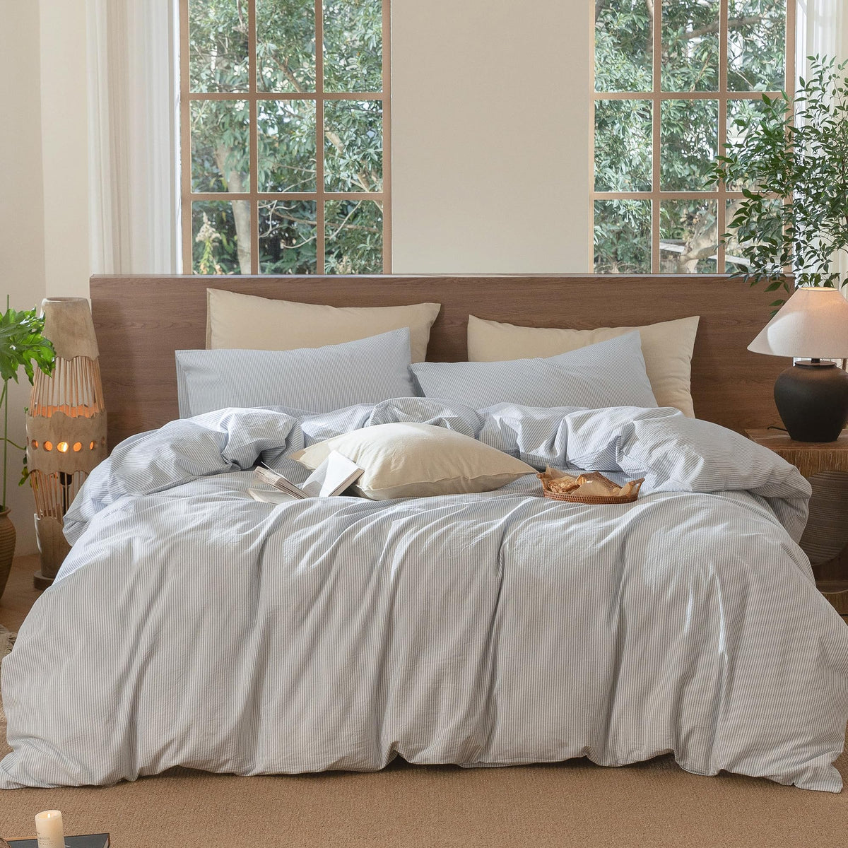 MooMee Striped Duvet Cover Set 100% Washed Cotton Linen Like Queen
