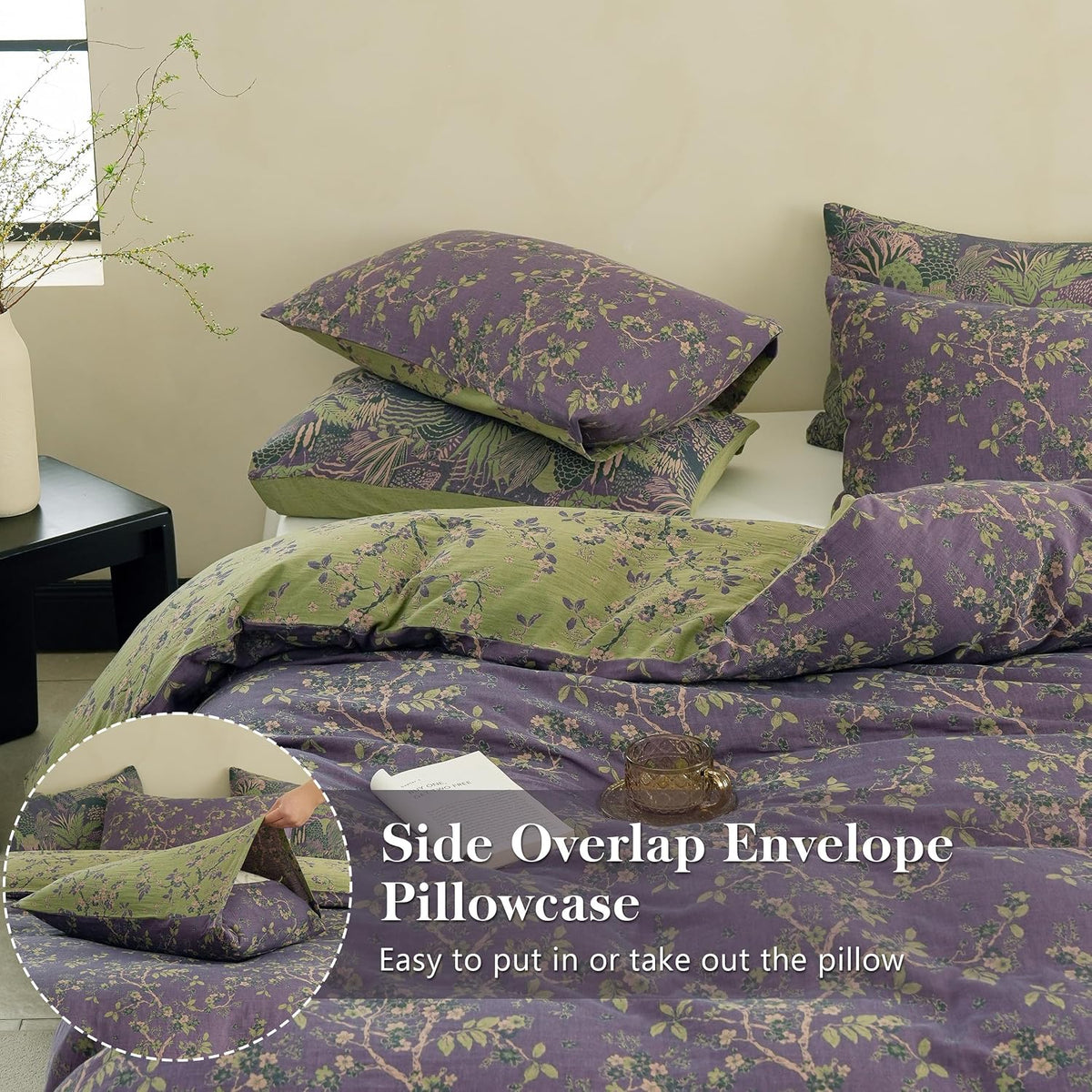 Simple&Opulence Muslin Duvet Cover Set King Size, 100% Washed Cotton 3 Pieces Yarn-Dyed Vintage Purple Floral Jacquard Textured Bedding, Soft & Breathable Gauze Comforter Cover with Zipper Closure