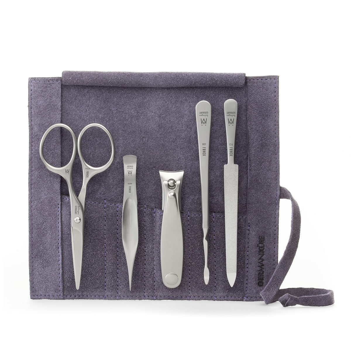 GERMANIKURE 7pc Manicure & Pedicure Set, FINOX Steel, Purple Leather Roll