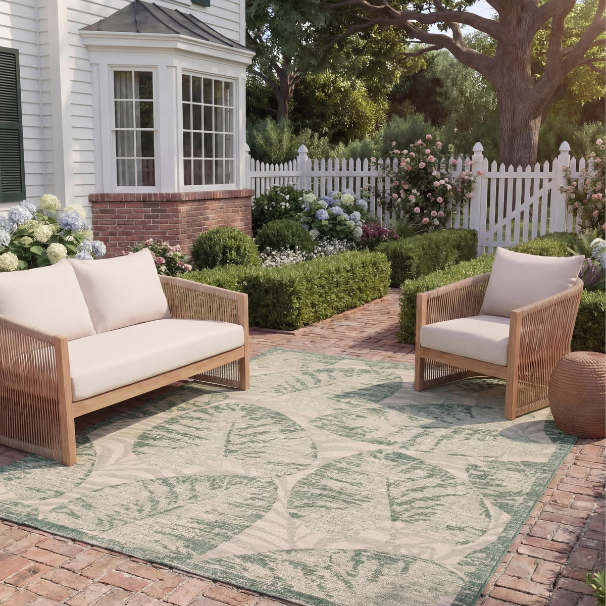 SAFAVIEH Washable Rug Outdoor Courtyard Collection - 6'7" Round, Green & Beige, Non-Shedding & Easy Cleaning, Ideal for Patio, Backyard, Mudroom (CY7556-21812)
