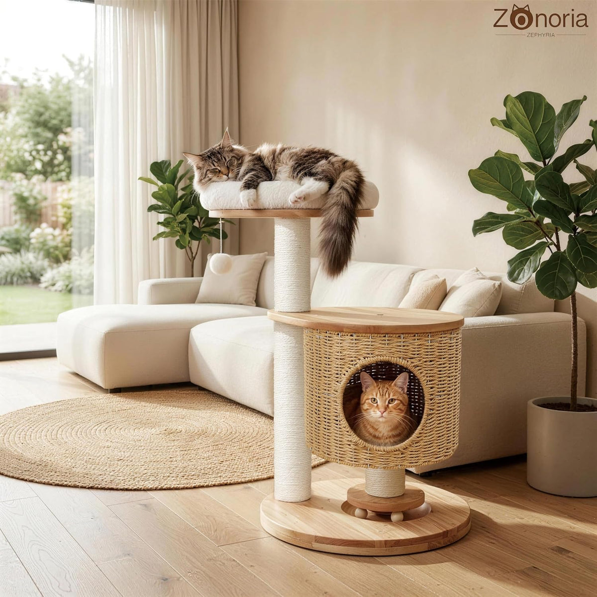 Zonoria 30-Inch Solid Wood Cat Tree Tower for Small to Medium Cats
