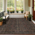 Floral Dark Green Washable Area Rugs 8x10, Vintage Living Room Rug