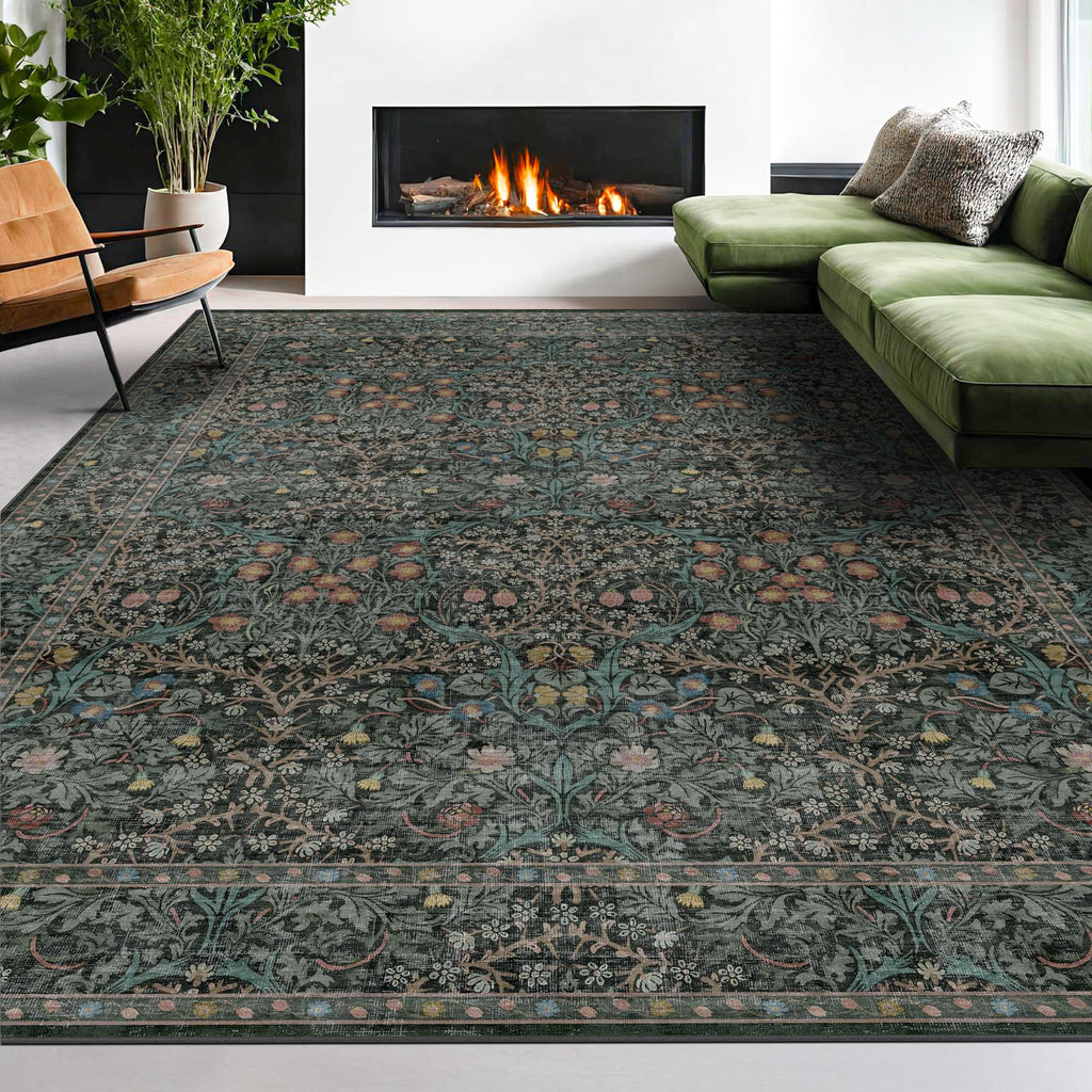Floral Dark Green Washable Area Rugs 8x10, Vintage Living Room Rug