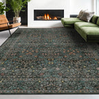 Floral Dark Green Washable Area Rugs 8x10, Vintage Living Room Rug