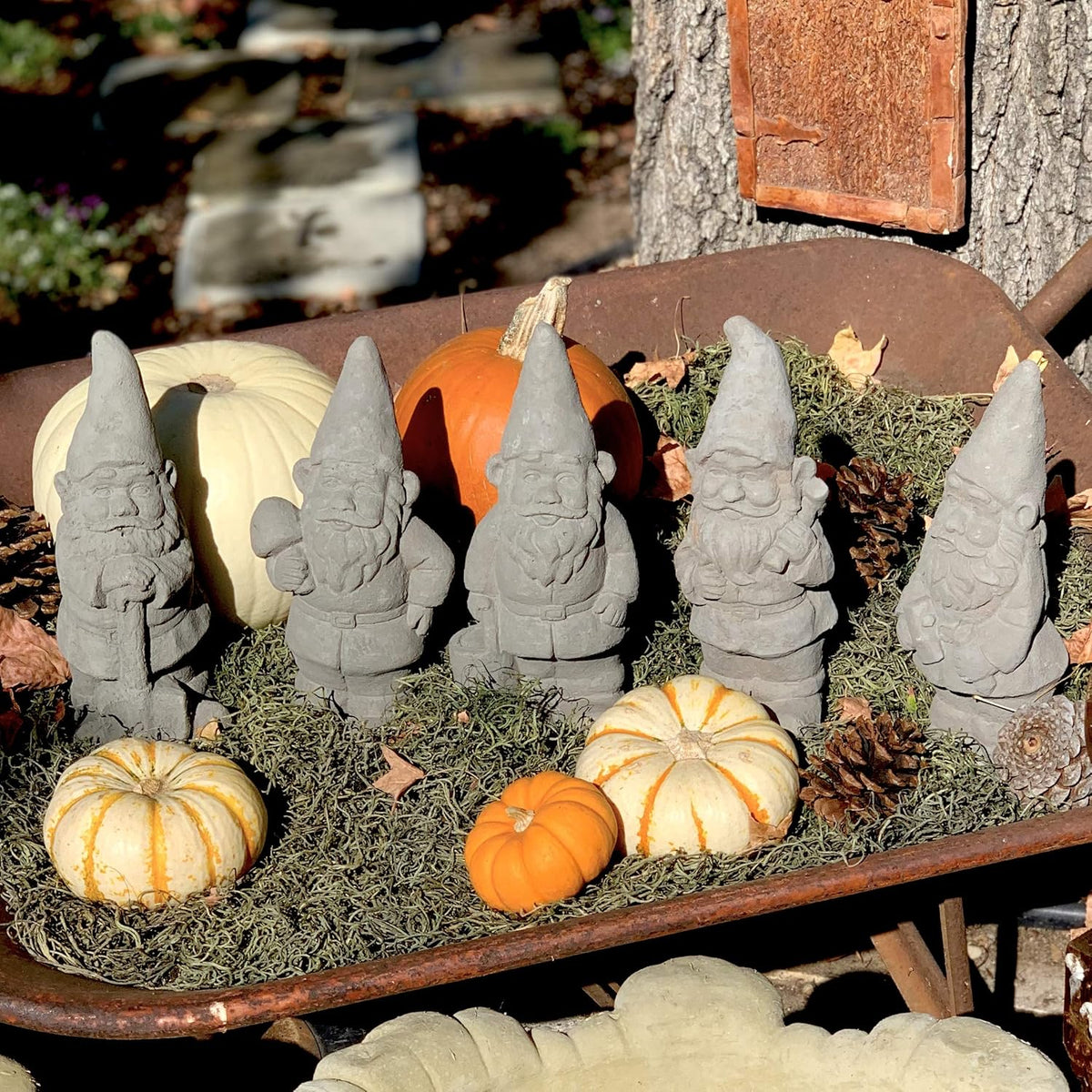 Vintage Garden Gnomes (Set/5): Solid Durable Stone Statue with Aged Texture. Sealed for Outdoor Use. Handcrafted USA. (Antique/Gray)