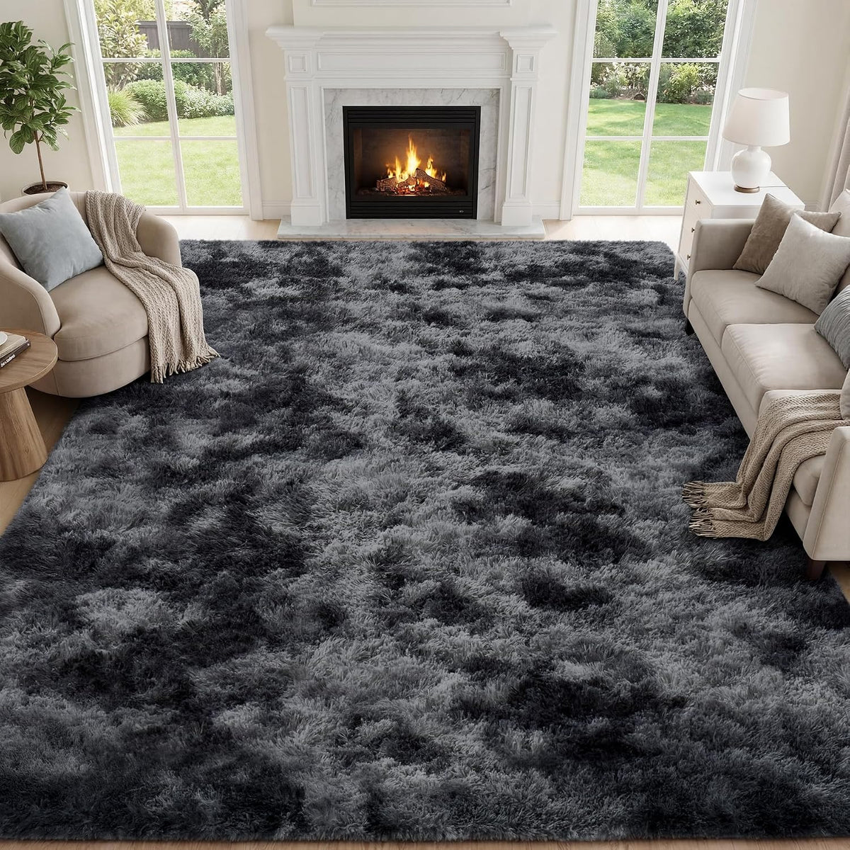 PLHXFR 9x12 Area Rugs Living Room: Fluffy Bedroom Soft Shag Rug Black Grey