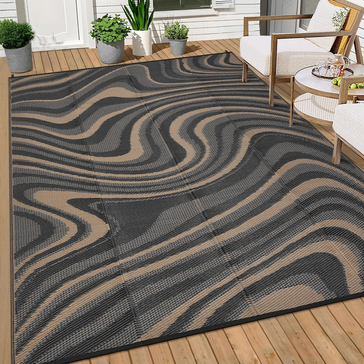 Garvee 5x8 Outdoor Rug Waterproof Modern Plastic Straw Rugs, Black Grey