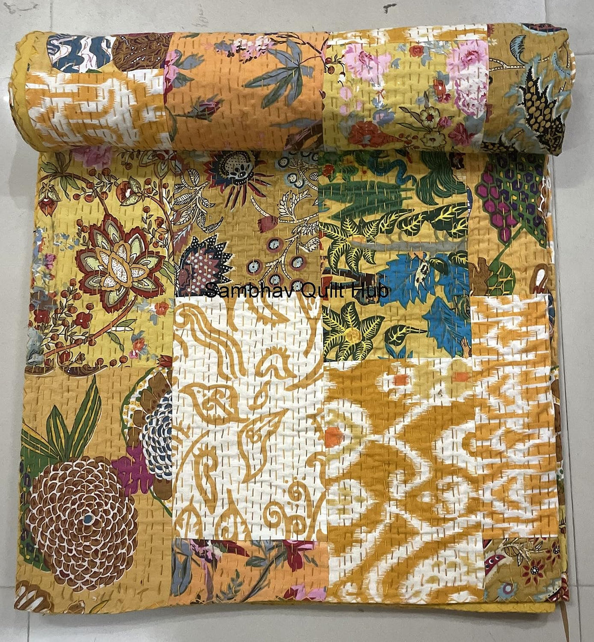 Traditional Handblock Print Multi Floral Assorted Cotton Patchwork Kantha Quilt Home Decorative Handmade Patch Quilted King Size Bohemian Bedding Throw Blanket Vintage Quilt (Yellow, 108X108 inches)
