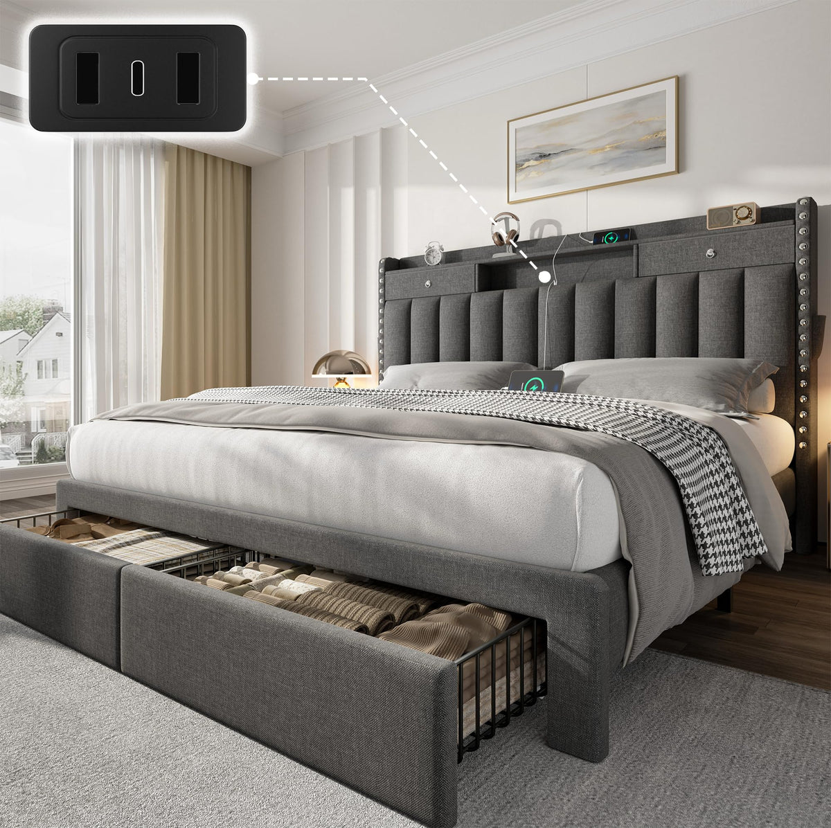 CypBed King Size Bed Frame with Headboard & 4-Storage Drawers, Upholstered