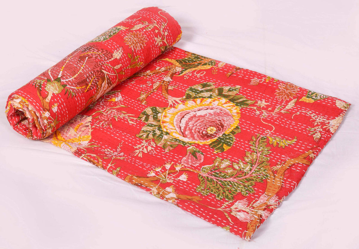 Indian Floral Print TwinQueen/King Size Kantha Quilt Kantha Blanket Bed Cover Kantha Bedspread Bohemian Bedding Kantha Blanket (Pink, Queen (U.S. Standard))