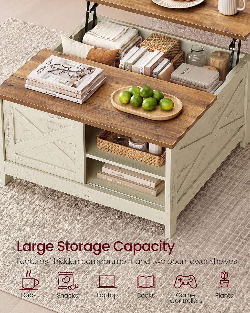 VASAGLE Farmhouse Coffee Table with Storage, Lift Top, Hidden Compartment