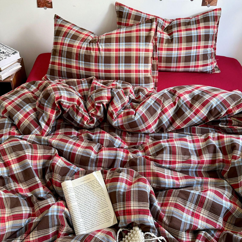 EAVD Vintage Buffalo Plaid Duvet Cover Queen Red&Black&Green Muslin Cotton