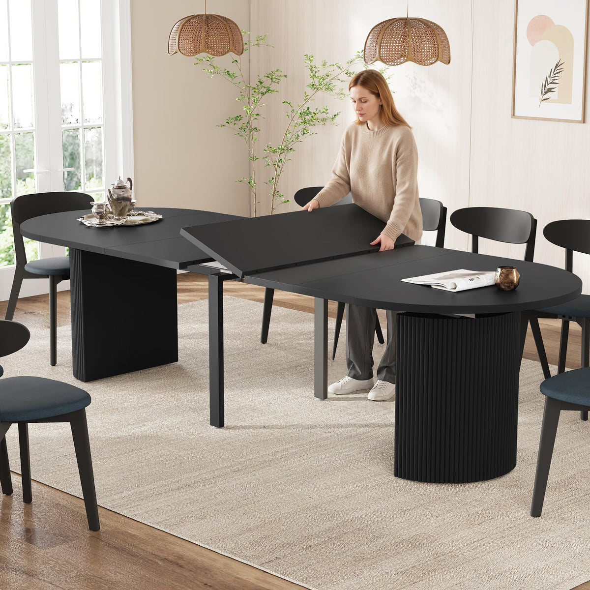 41 in-78 in Extendable Dining Room Table for 4-8, Round Expandable Kitchen Table with Fluted Base, Modern Farmhouse Oval Dinner Tables for Dining Room Kitchen Living Room (Walnut)