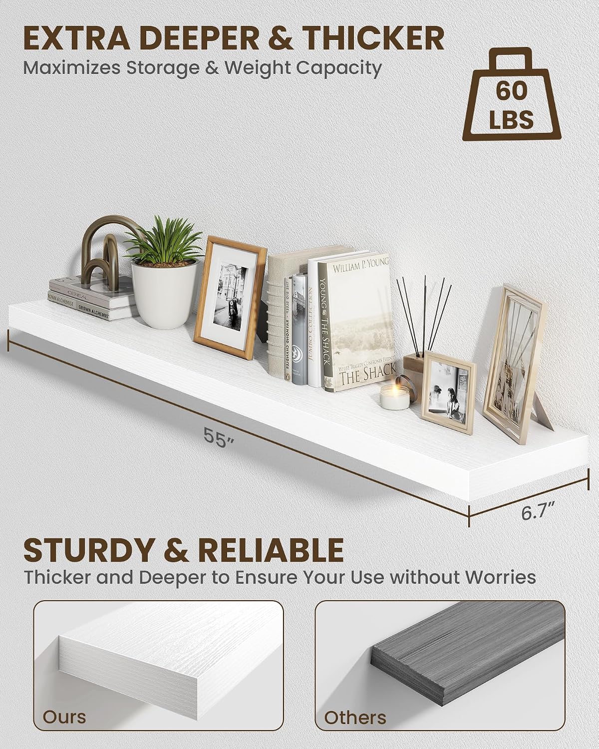 Marsmiles 55" Floating Shelves for Wall, Wooden Shelves with Invisible Brackets Set of 2, Rustic Farmhouse Wall Mounted Shelf for Kitchen Bathroom Living Room Study, White