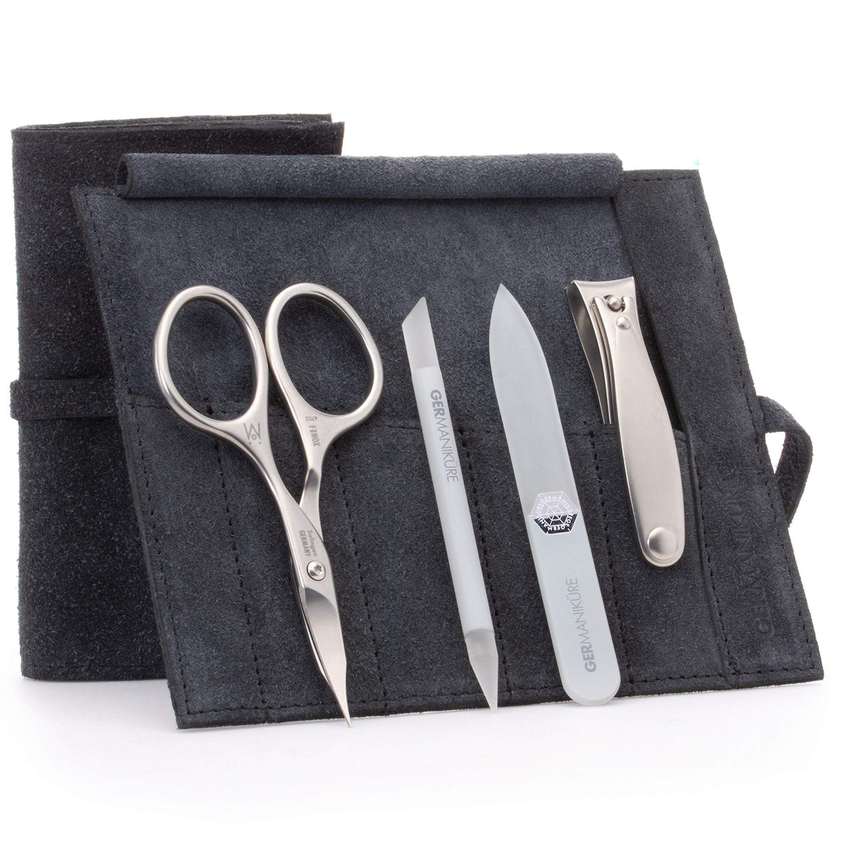 GERMANIKURE 7pc Manicure & Pedicure Set, FINOX Steel, Purple Leather Roll