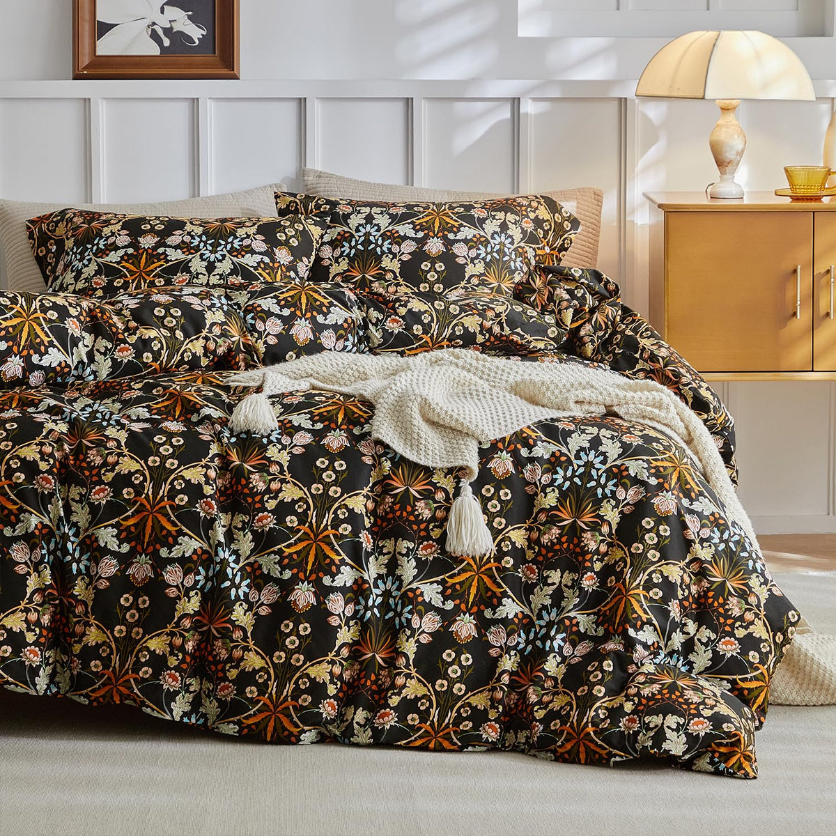mixinni Garden Style Cotton Flowers and Birds Pattern Printed Duvet Cover Reversible Design Peacock Blue 3 Piece Bedding Duvet Set with Zipper Closure, Perfect for Him and Her-Queen Size