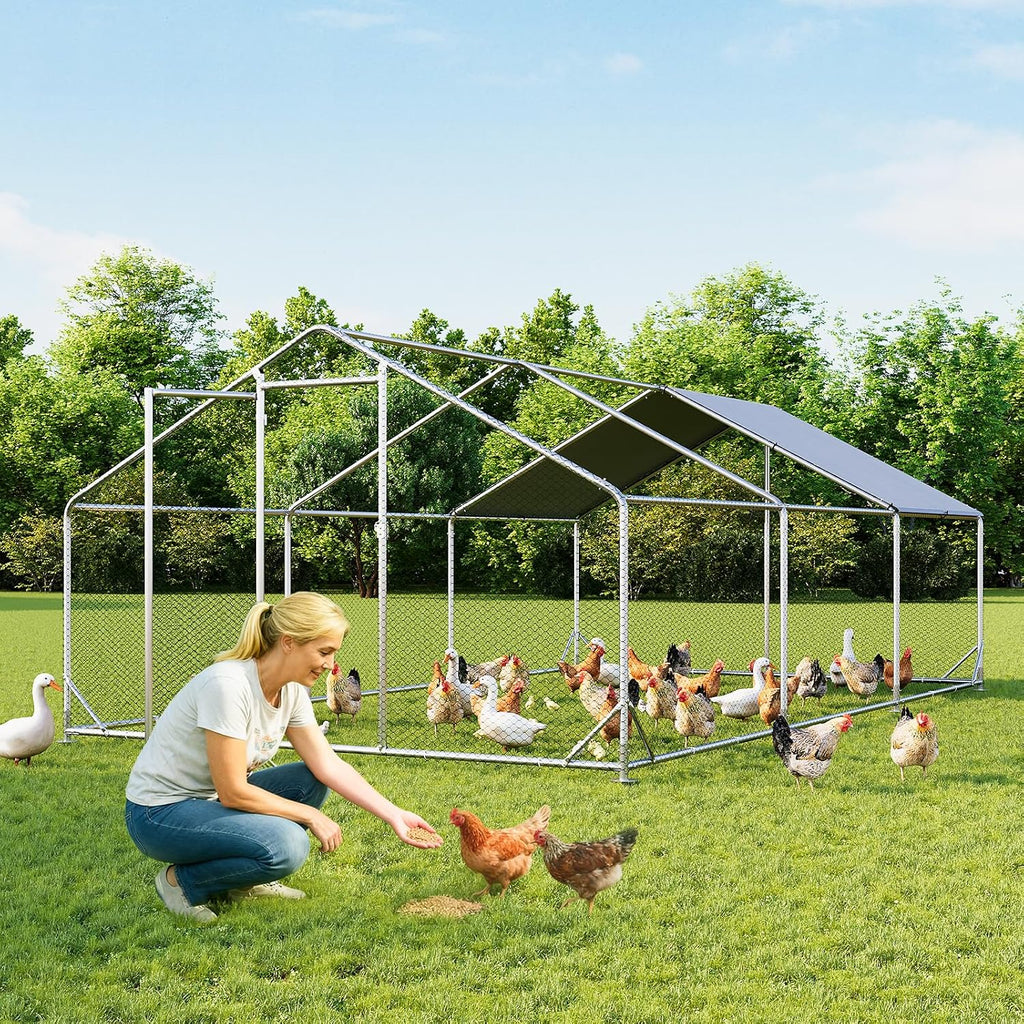 Aoxun Large Metal Chicken Coop, Outdoor Chicken Runs for Yard with Cover, Spire Roof Hen House Enclosure with Security Lock, Walk-in Cage Peak Hen House for Yard Farm (10x20x6.4 FT)
